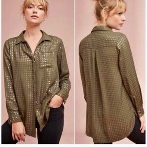 Anthropologie Olive Green Sequin Button Down Shirt